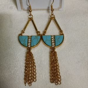 Turquoise Silver Rhinestone Gold Chain Dangle Earrings